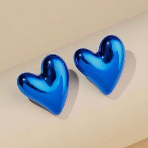 NEW Shiny Metallic Electric Blue Big Puffy Heart Stud Earrings